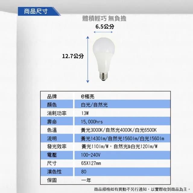 【E極亮】LED E27 13W 高效燈泡 球泡 白光 自然光 8入組(LED E27 13W 球泡)