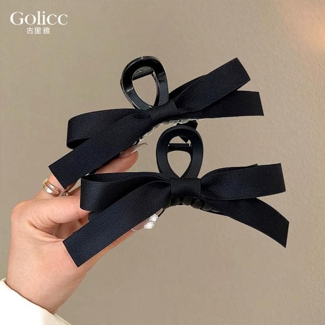 【Golicc】氣質赫本風 黑色蝴蝶結 抓夾(母親節 生日 情人節 髮飾 頭飾 鯊魚夾 抓夾 禮物)