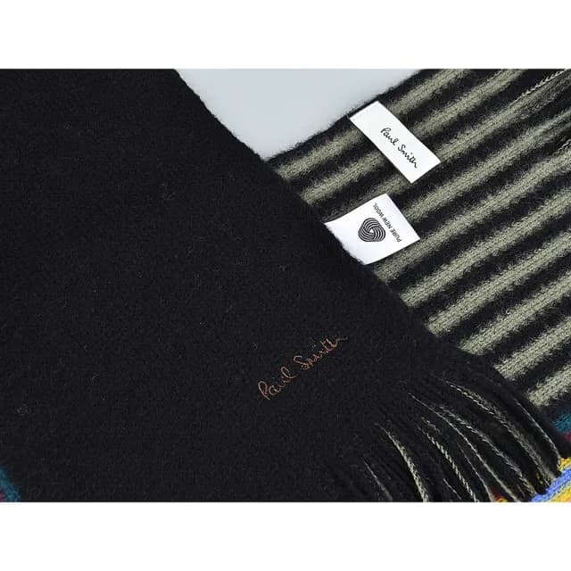 【Paul Smith】PAUL SMITH刺繡LOGO美麗諾羊毛側條紋設計針織圍巾(黑x多彩)