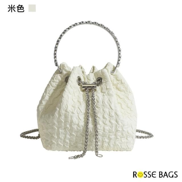 【Rosse Bags】母親節禮物 時尚雲朵褶皺質感純色鏈袋水桶手提包(現+預 黑色／米色)