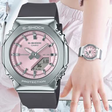 【CASIO 卡西歐】G-SHOCK 淡雅金屬質感八角髮絲紋雙顯錶 情人節 禮物(GM-S2110-4A/速)