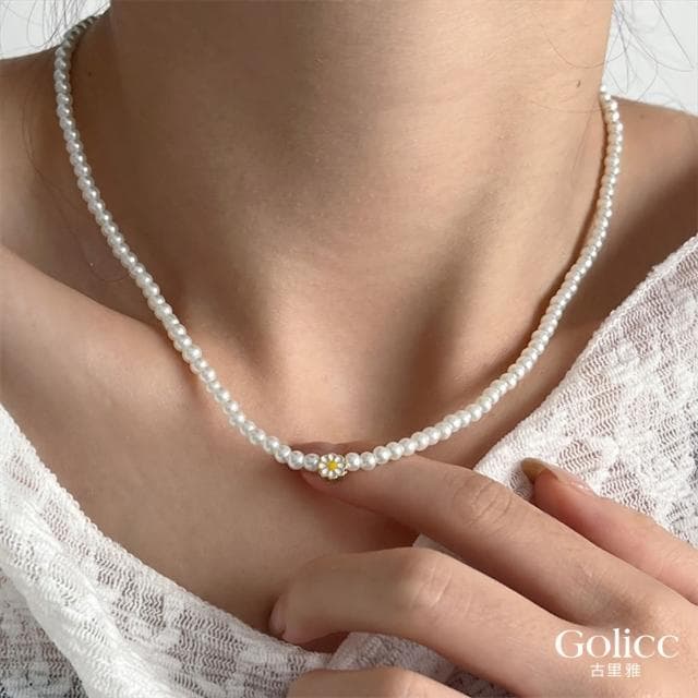 【Golicc】清新小雛菊珍珠鎖骨鍊(母親節 生日 情人節 鎖骨鍊 項鍊 飾品 禮物)
