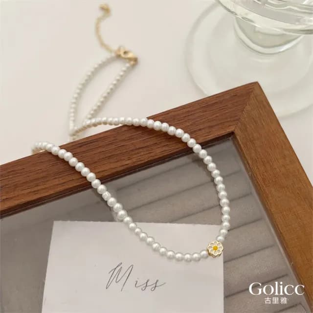【Golicc】清新小雛菊珍珠鎖骨鍊(七夕 情人節 生日 鎖骨鍊 項鍊 飾品 禮物)