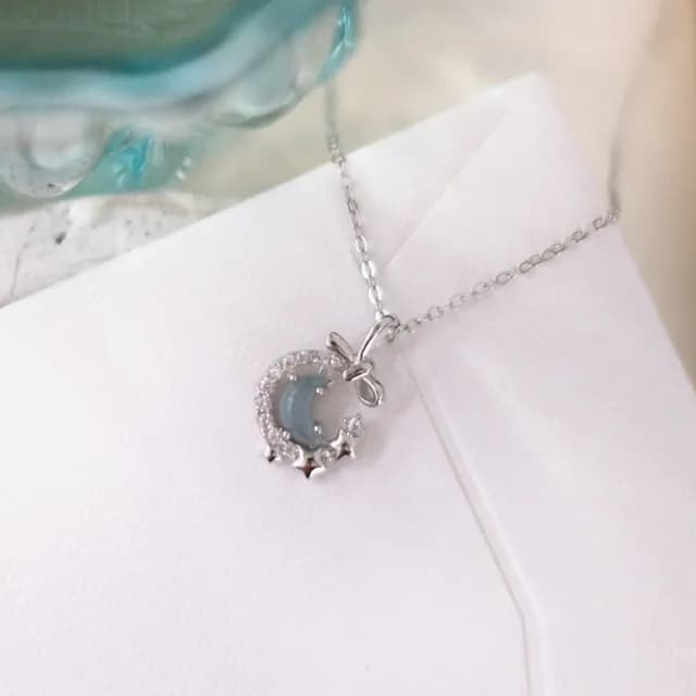 【Porabella】S925純銀星月蝴蝶結項鍊 藍色月亮鎖骨鏈 月亮星星項鏈 鋯石項鍊 生日禮物 Necklace