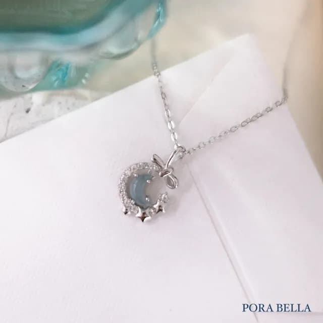 【Porabella】S925純銀星月蝴蝶結項鍊 藍色月亮鎖骨鏈 月亮星星項鏈 鋯石項鍊 生日禮物 Necklace