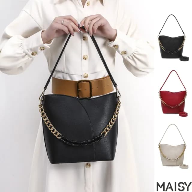 【MAISY】情人節禮物 質感典雅純色大容量鍊條水桶包 肩背包 斜背包(黑色／米色／紅色)