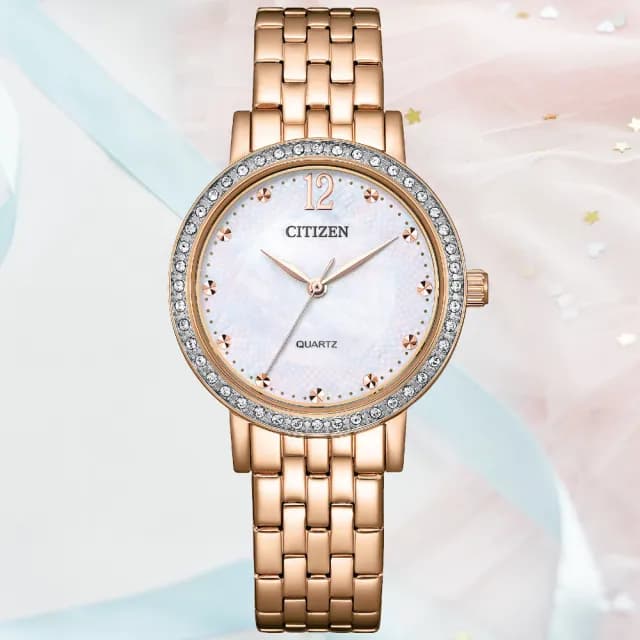 【CITIZEN 星辰】LADYS系列 白蝶貝 時尚晶鑽腕錶 七夕 情人節 送禮 推薦(EL3108-53D)