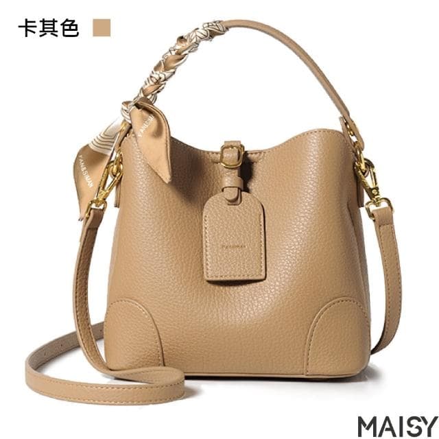 【MAISY】母親節禮物 優雅女士百搭絲巾水桶包(現+預 黑色／米色／卡其色)
