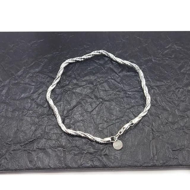 【家家銀飾手工坊】925純銀義大利3線麻花編織波浪手鍊(義大利白K抗氧化麻花編織波浪手鍊)