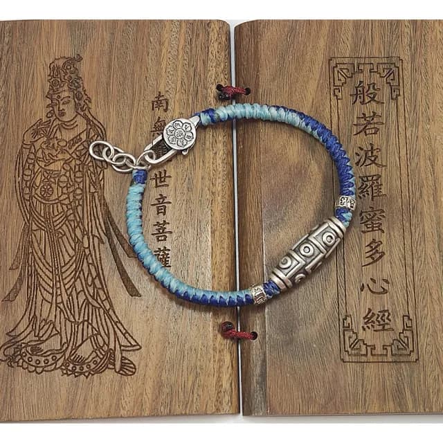 【家家銀飾手工坊】九眼天珠配六字真言闢邪保平安蠟繩手鍊(雙色螺旋紋手工編織蠟繩可戴著洗澡)