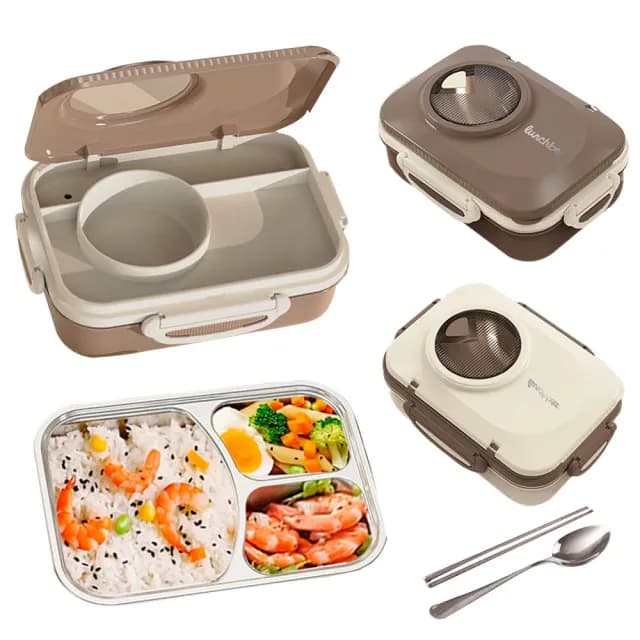 【The Rare】可微波加熱不鏽鋼便當飯盒 便攜學生午餐盒 湯碗 分格便當盒(附304餐具)