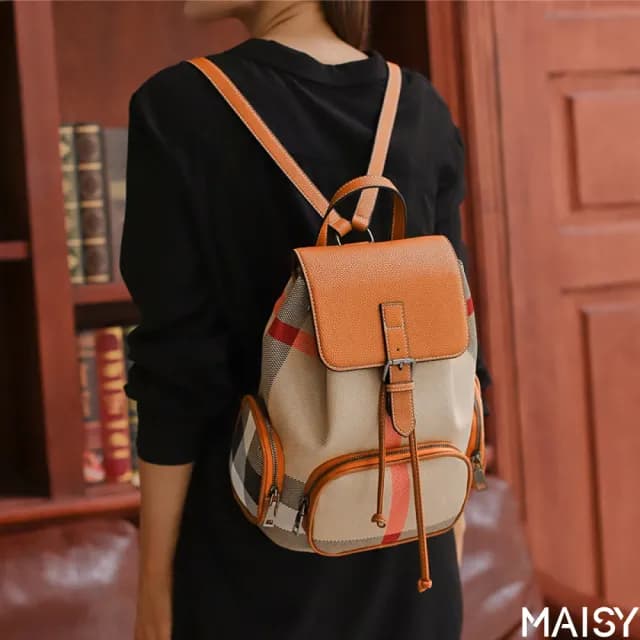 【MAISY】情人節禮物 質感時尚拼色格紋真皮雙肩後背包(真皮包包 現+預  棕色)