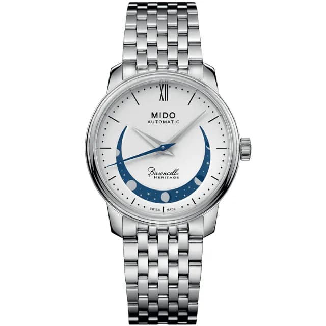 【MIDO 美度】官方授權 Baroncelli 永恆系列 微笑月相機械女錶-33mm 手錶 禮物 推薦(M0272071101001)