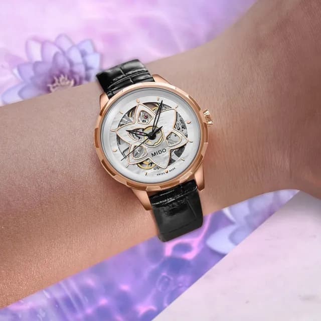 【MIDO 美度】官方授權 Rainflower 花雨系列鏤空機械女錶-34mm 手錶 禮物 推薦(M0432363610100)