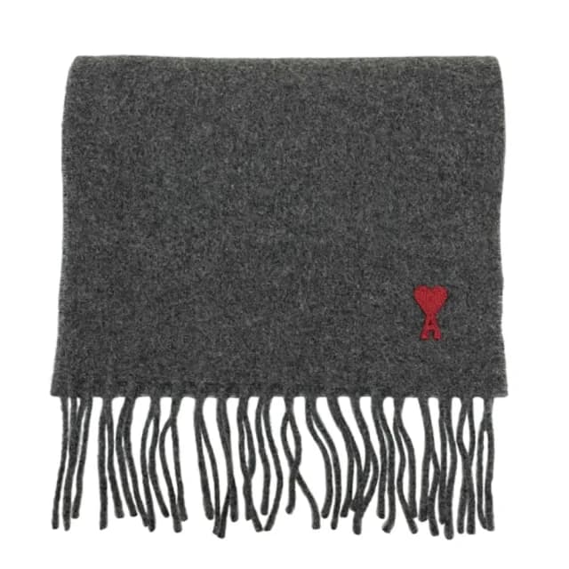 【AMI PARIS】雙11 經典款 愛心A圖騰LOGO 流蘇羊毛圍巾(深灰色)