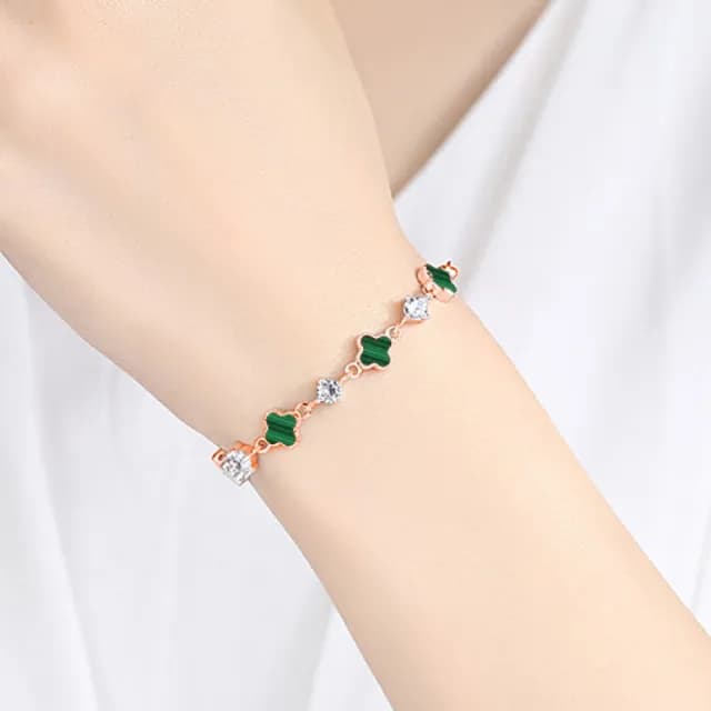 【財富之石】S999純銀孔雀石幸運草手鍊(開運飾品 綠色 四葉草 生日禮物 情人節 幸運手環 手鐲 手鏈 女生)