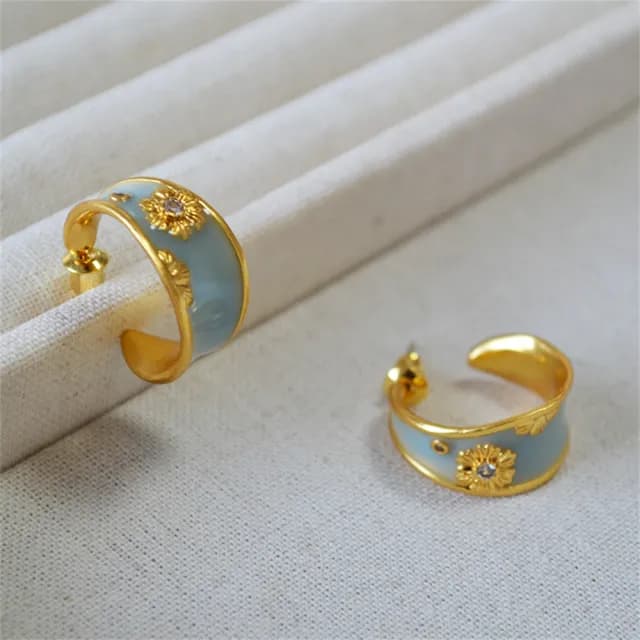 【MoonDy】雙11 C型耳環 法式耳環 珐琅耳環 花朵耳環 耳圈 復古耳環 耳飾 手工耳環 純銀耳還 藍