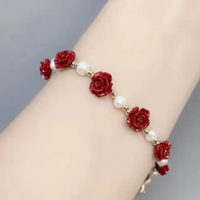 【開運好物】一路生花朱砂玫瑰珍珠手鍊(硃砂手珠 手環 手串 念珠 手鏈 佛珠 平安富貴 禮物)