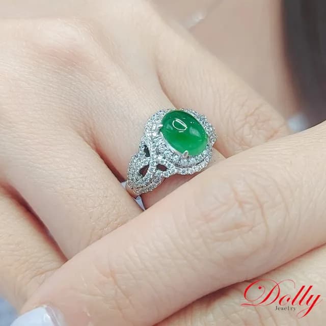 【DOLLY】18K金 緬甸冰種陽綠A貨翡翠鑽石戒指(母親節 長輩送禮 交換禮物首選)