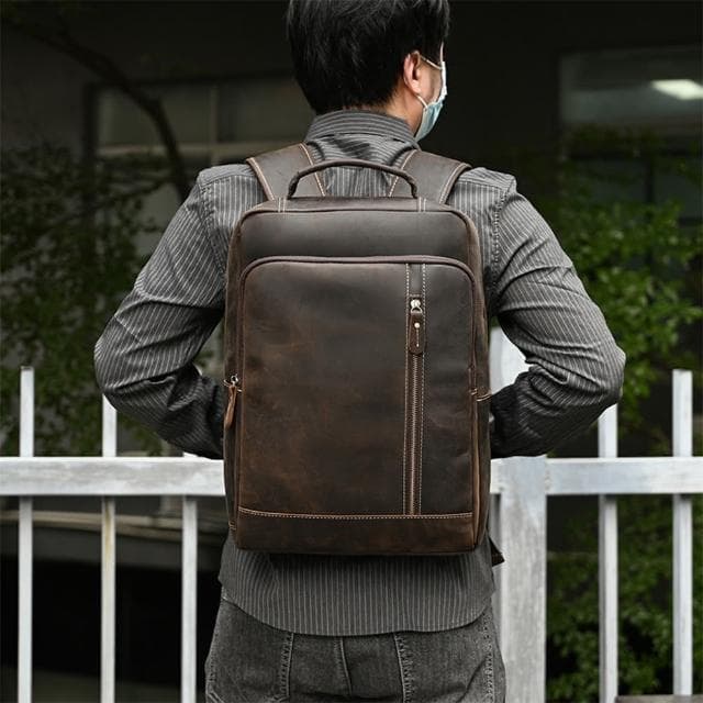 【MoonDy】母親節禮物 牛皮後背包 電腦後背包 15寸電腦包 大容量後背包 真皮雙肩包 復古牛皮書包 寬肩帶背