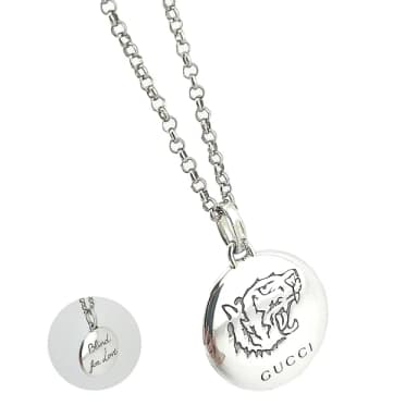 【GUCCI 古馳】925純銀-BLIND LOVE 虎頭刻印圓牌吊飾項鍊(展示品)