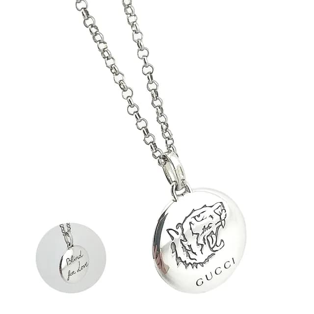 【GUCCI 古馳】925純銀-BLIND LOVE 虎頭刻印圓牌吊飾項鍊(展示品)