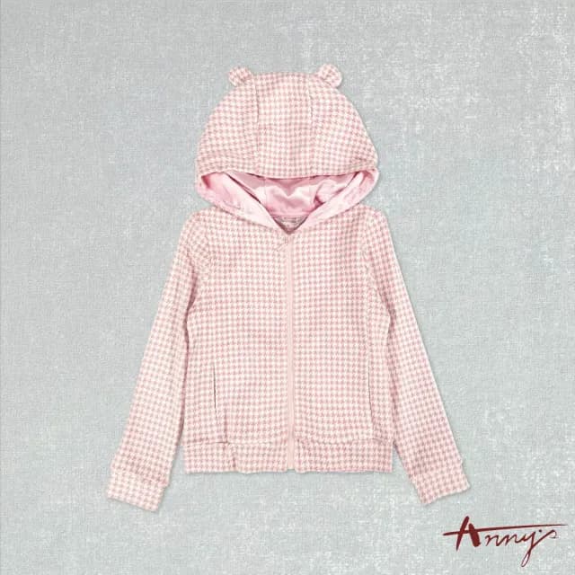 【ANNY’S 安妮公主】童裝 千鳥格紋耳朵造型秋冬款連帽外套(2296粉紅)