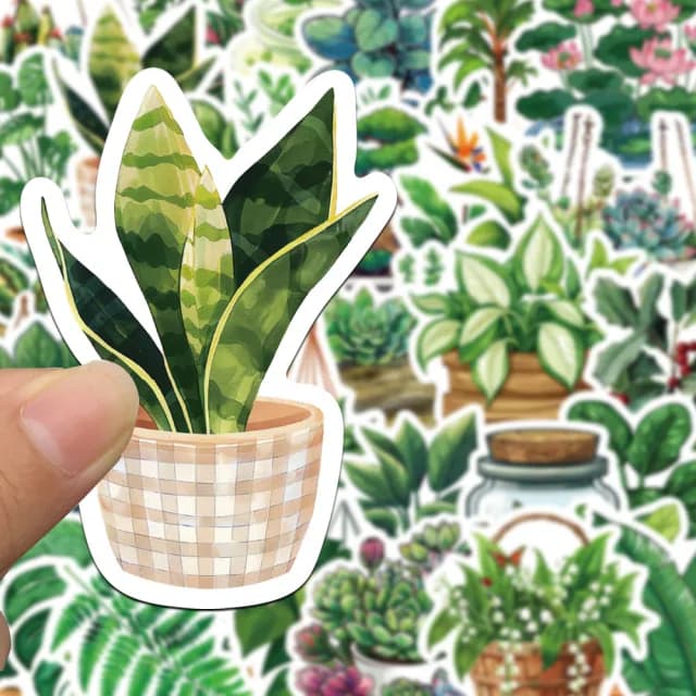 【Paper Play】創意多用途防水貼紙-小清新綠色植物盆栽塗鴉 50枚入(防水貼紙 行李箱貼紙 手機貼紙)
