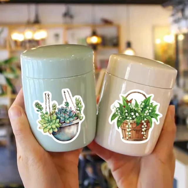 【Paper Play】創意多用途防水貼紙-小清新綠色植物盆栽塗鴉 50枚入(防水貼紙 行李箱貼紙 手機貼紙)