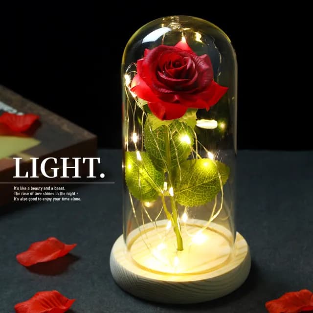 LED 玻璃罩仿真玫瑰花夜燈禮盒組(假花 塑膠花 永生花 小夜燈 氛圍燈 情人節 生日禮物 母親節禮物 交換禮物)