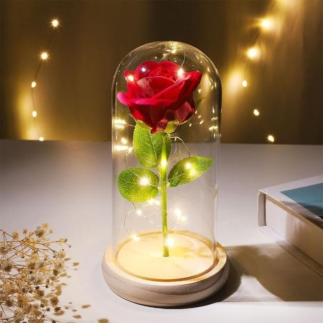 LED 玻璃罩仿真玫瑰花夜燈禮盒組(假花 塑膠花 永生花 小夜燈 氛圍燈 情人節 生日禮物 母親節禮物 交換禮物)