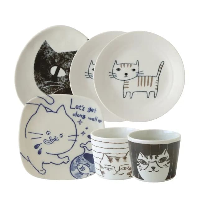 【Just Home】日本製手繪感貓咪陶瓷6件碗盤餐具組-3款組合可選(碗 盤 杯 碟 缽)
