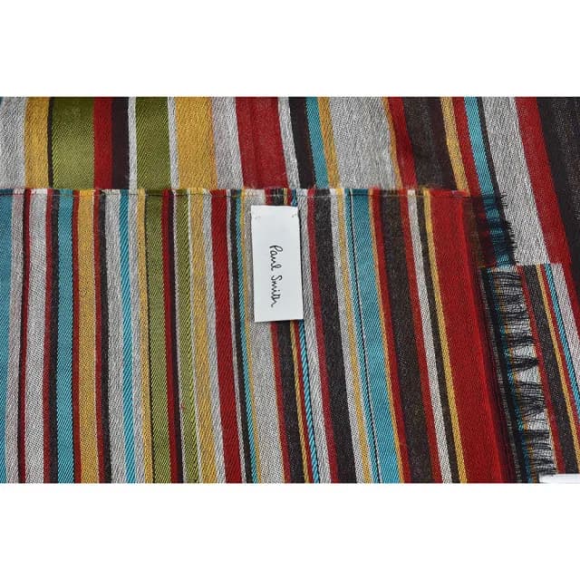【Paul Smith】PAUL SMITH絲質混紡條紋設計草寫LOGO標誌性圍巾(彩色條紋)