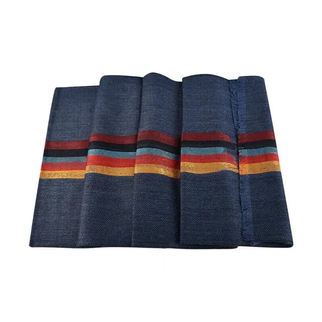 【Paul Smith】PAUL SMITH中間彩色條紋標籤LOGO流蘇設計羊毛混紡圍巾(海軍藍x彩色條紋)