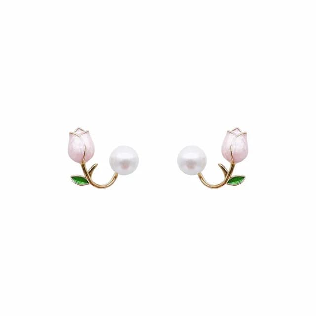 【Umi】925純銀針淡金色復古輕奢鬱金香小花與珍珠造型耳環65582(日韓時尚潮流耳飾耳針耳墜耳釘)