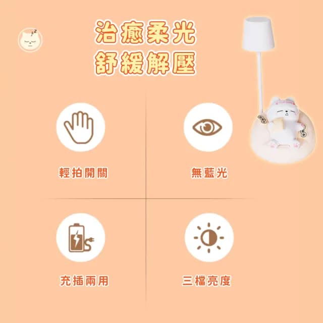 【辦公室擺飾】軟萌愛睏貓咪伴睡小夜燈(三檔調光 柔光 拍拍燈 床頭燈 伴睡燈 裝飾品 兒童 生日禮物)