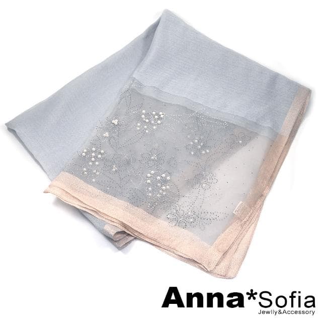 【AnnaSofia】真絲羊毛混紡大尺寸披肩絲巾圍巾-銀點花絮手工釘珠 現貨(灰系)