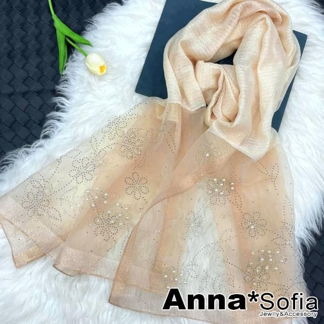 【AnnaSofia】真絲羊毛混紡大尺寸披肩絲巾圍巾-銀點花絮手工釘珠 現貨(杏系)