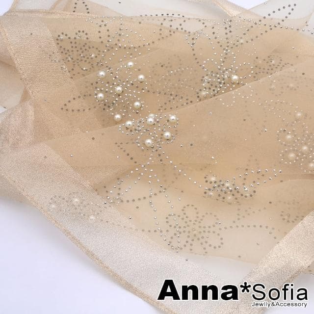 【AnnaSofia】真絲羊毛混紡大尺寸披肩絲巾圍巾-銀點花絮手工釘珠 現貨(杏系)