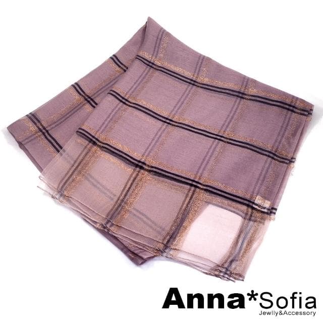 【AnnaSofia】真絲羊毛混紡大尺寸披肩絲巾圍巾-金絲線格紋 現貨(藕粉系)
