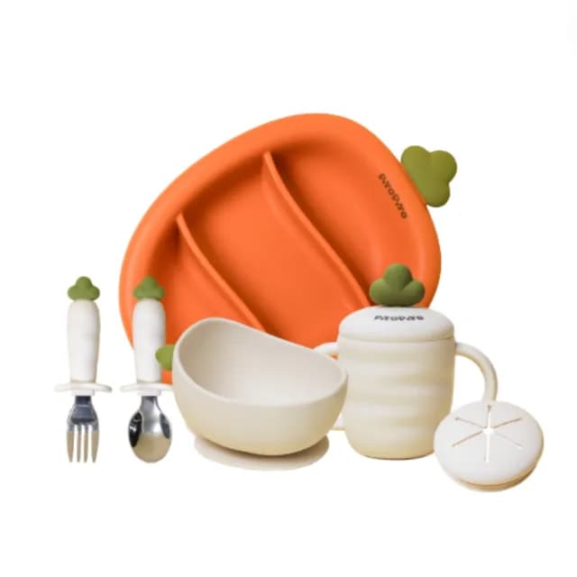 【Piyo Piyo 黃色小鴨】鉑金矽膠好彩頭蘿蔔餐具四件組(盤 碗 湯叉組 杯 學習餐具)