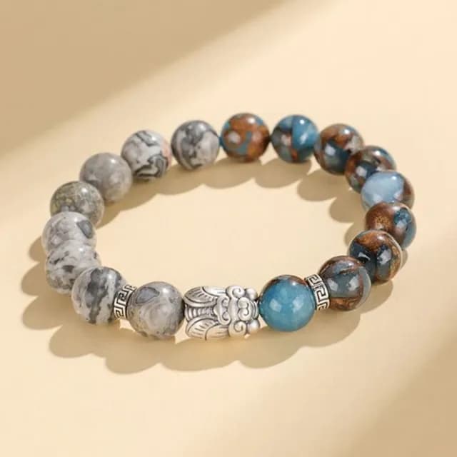 【Penny珮妮】S999銀鳴蟬孔雀石地圖石手鍊10mm(2款可選/情人節/生日禮物/交換禮物/母親節/送女友/送男友)