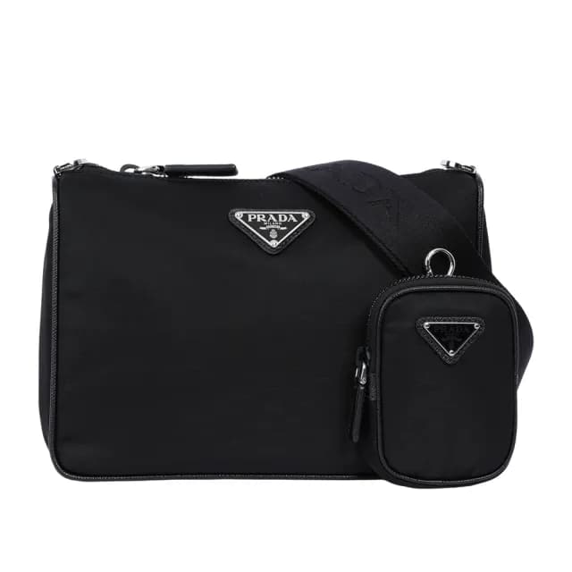 【PRADA 普拉達】三角牌Logo三合一附小袋再生尼龍郵差包(黑色)