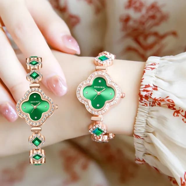 【氣質單品】四葉幸運草綠手鍊石英錶(手錶 錶帶 手鐲 手環 開運飾品 上班族 女錶 女用 禮物)
