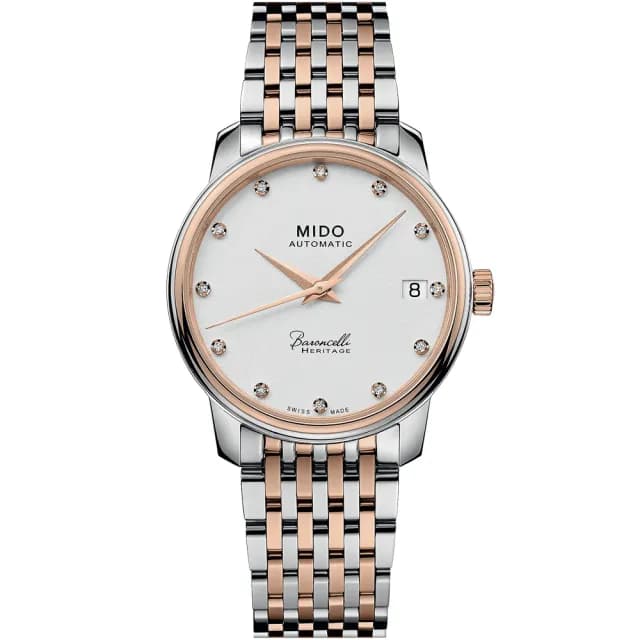 【MIDO 美度】官方授權 Baroncelli 永恆系列 鑽石機械女錶-銀x雙色/33mm 手錶 禮物 推薦(M0272072201600)