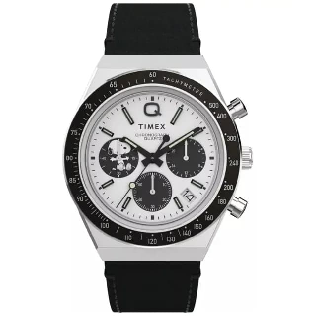 【TIMEX】天美時 Q Timex x Peanuts  40毫米史努比潛水風格設計 秒錶皮革腕錶 白x黑TXTW2W68900
