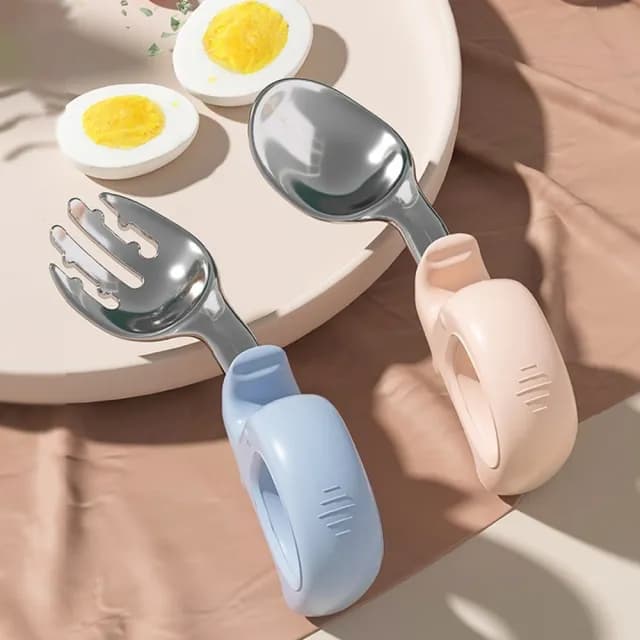【aiebao】316不鏽鋼兒童餐具組 寶寶握叉匙組 兒童湯匙 交換禮物(湯匙 叉子 學習餐具 學吃飯 輔助勺)