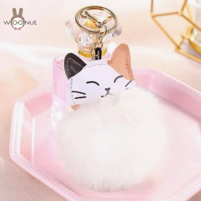 【WOONUE】高品質貓咪皮革絨毛球金桃花動物鑰匙圈扣掛飾(兒童女兒情人節朋友愛貓婚禮小物生日禮物)