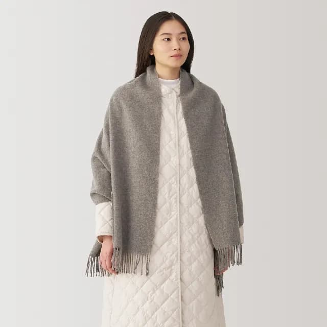 【MUJI 無印良品】羊毛附口袋大判披肩(共3色)