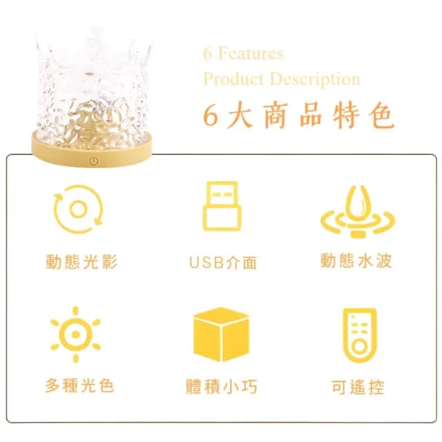 【粼粼】皇冠旋轉16色遙控水波紋燈(夜燈 動態燈 床頭燈 氣氛燈 聖誕禮物 拍攝道具 裝飾燈 告白 氛圍燈)